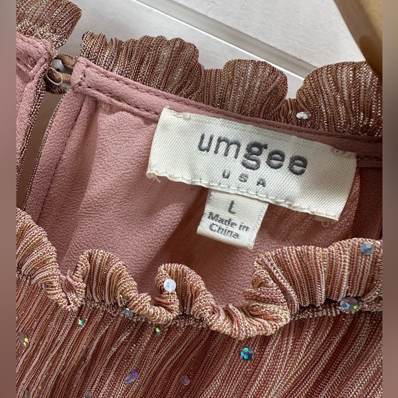 NWT Umgee Mauve Shimmer Pleated Sheer Blouse Long Sleeve Ruffle Mock Neck - Picture 4 of 11